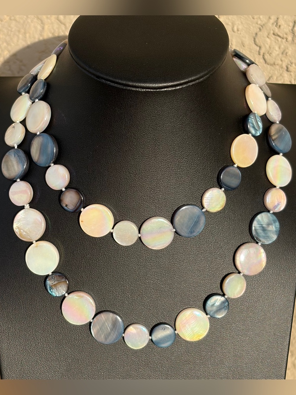 Long Stranded Mother of Pearl & Blue Shell Disc Necklace